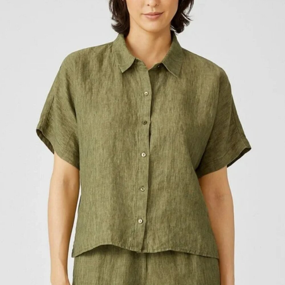 Eileen Fisher Women's Delave Blue Green Linen Sleeve Button Up Shirt Sz Medium - Picture 8 of 9